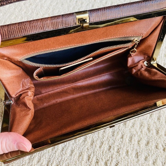 VTG Lizard Snake Alligator Skin Purse Caramel Brown Textured Leather Pocketbook - Picture 8 of 15